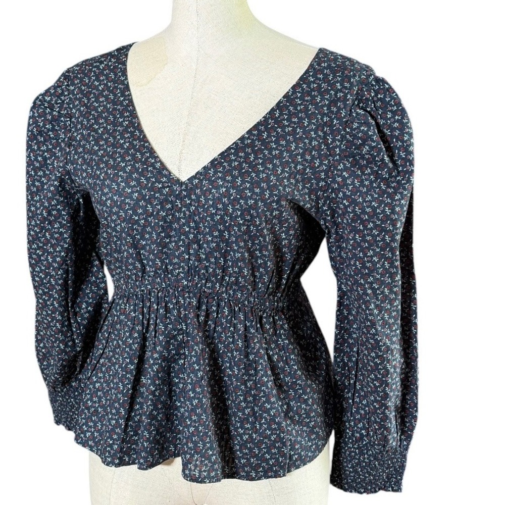 Madewell Navy Blue Ditsy Floral V-Neck Puff Sleeve Peplum Blouse S CKP467273754